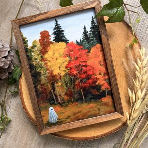 Gerahmter Kunstdruck von Acrylgemälde "Herbstspaziergang", 13x18cm, herbstbunte Bäume und ein kleiner Geist im Vordergrund