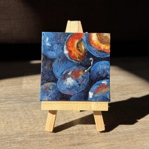 Pflaumenkerne - Öl auf Leinwand mit Staffelei 7,5 x 7,5 cm