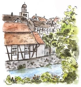 Aquarell Malerei einer Kleinstadt am Fluss